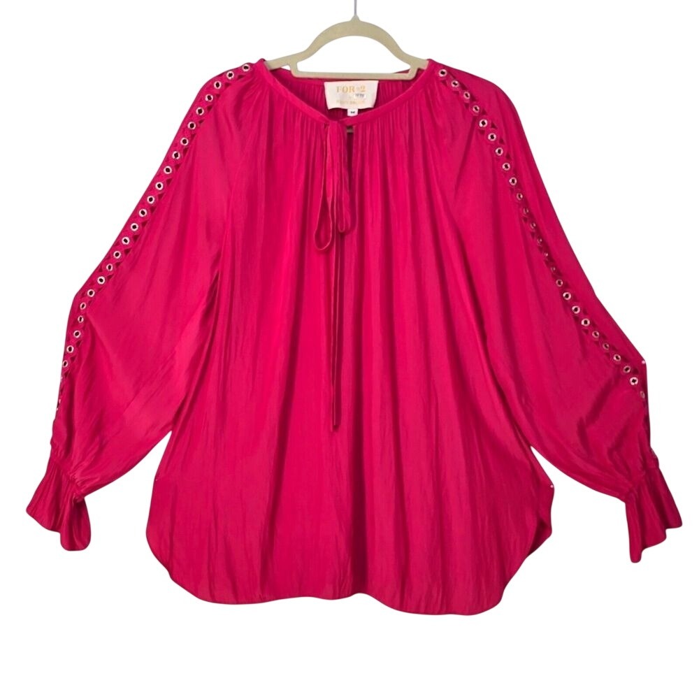 FOR 2 by Ramy Brook  Peasant‎ Blouse Medium Fuchsia Pink Grommet Sleeve Tie Neck